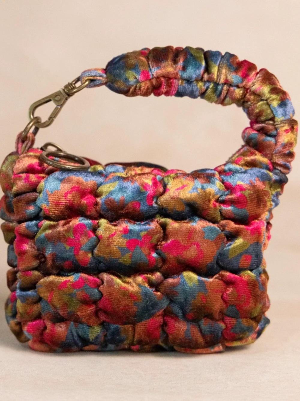 NWT Natural Life Puffy Velvet Mini Pouch - Teal/Pink Floral